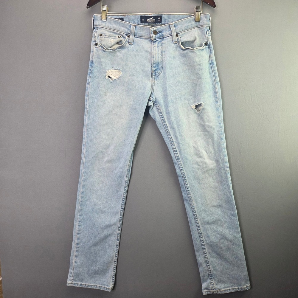 Hollister Slim Straight Epic Flex Jeans 30x32 Light Wash Distressed Ripped Mens